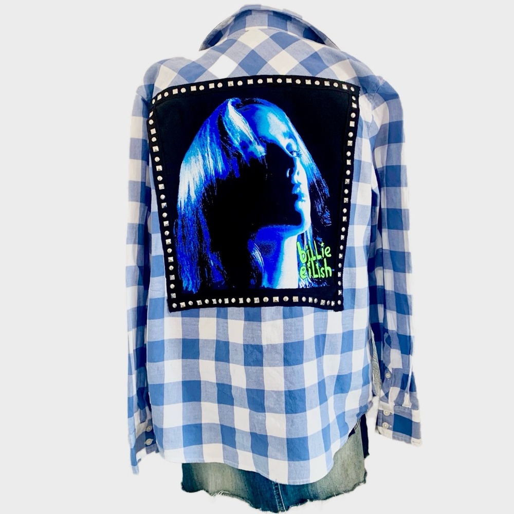 Up Cycled Billie Eilish Concert T-Shirt Flannel Shacket Size XL